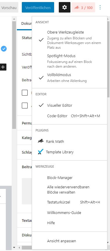 block editor optionen